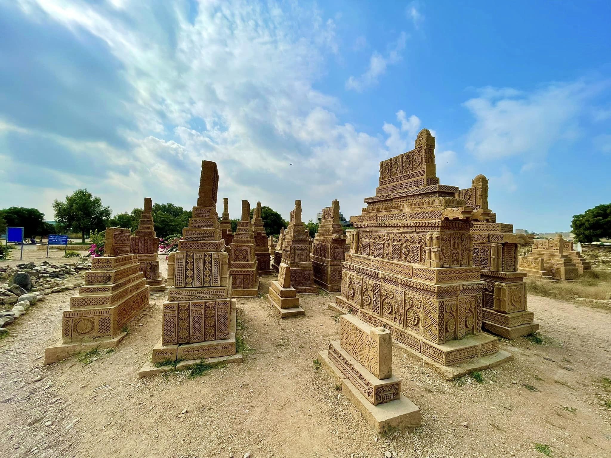Intricately carved Chaukundi Tombs near Karachi, showcasing ancient funerary art