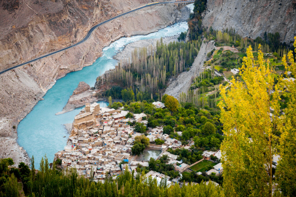 Autumn village landscape beside the Hunza River