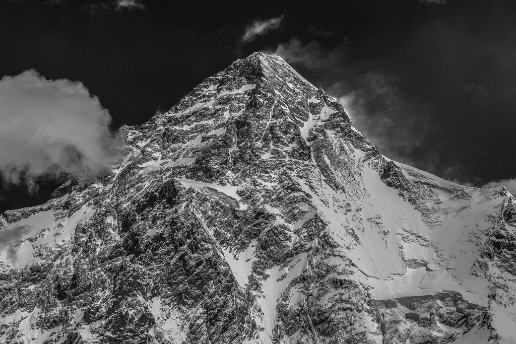 Black-and-white view of K2 above the Karakoram