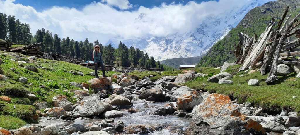 Stream and wooden cabins at Fairy Meadows
