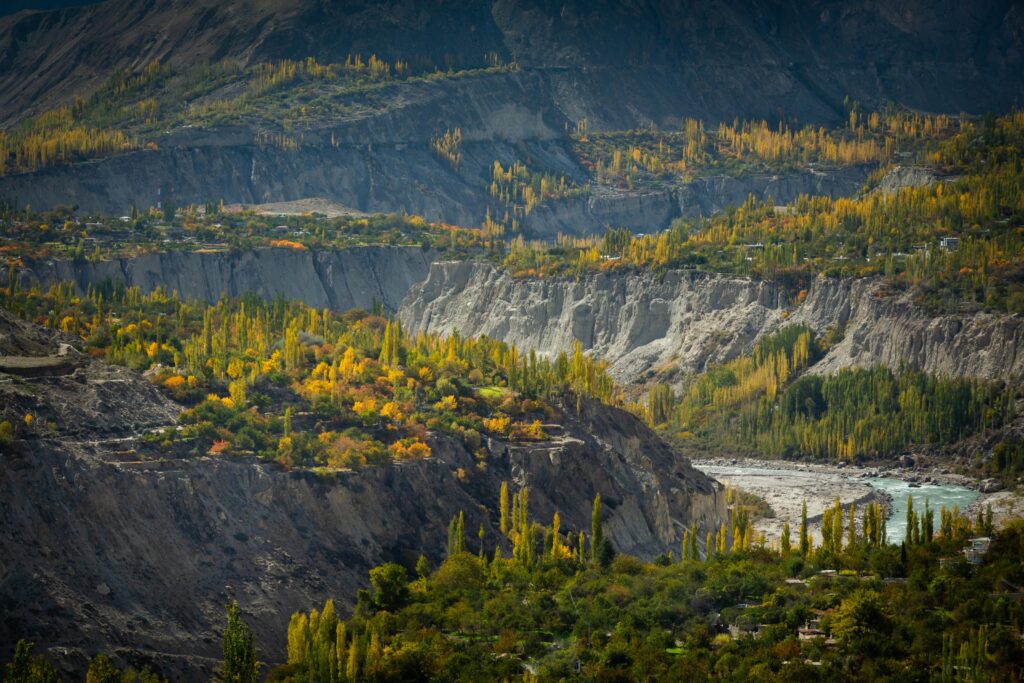 Autumn trees around a village in Nagar Valley
