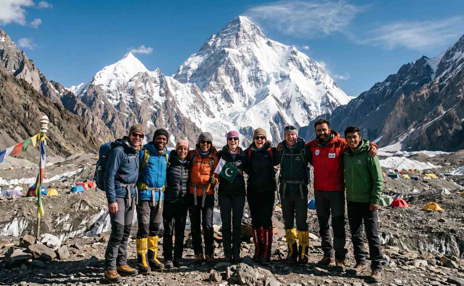 International trekking group with professional Pakistani guides celebrating at K2 Base Camp with K2 summit visible in the background