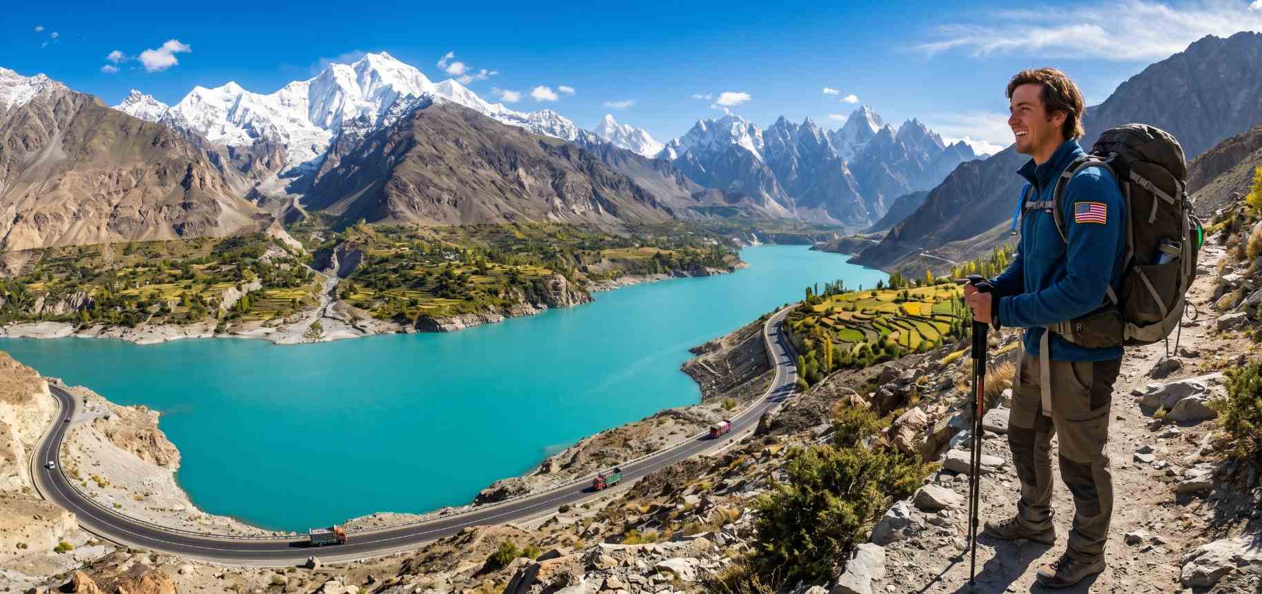 American tourist hiking on a trail above Hunza Valley with turquoise Attabad Lake and Karakoram peaks visible below