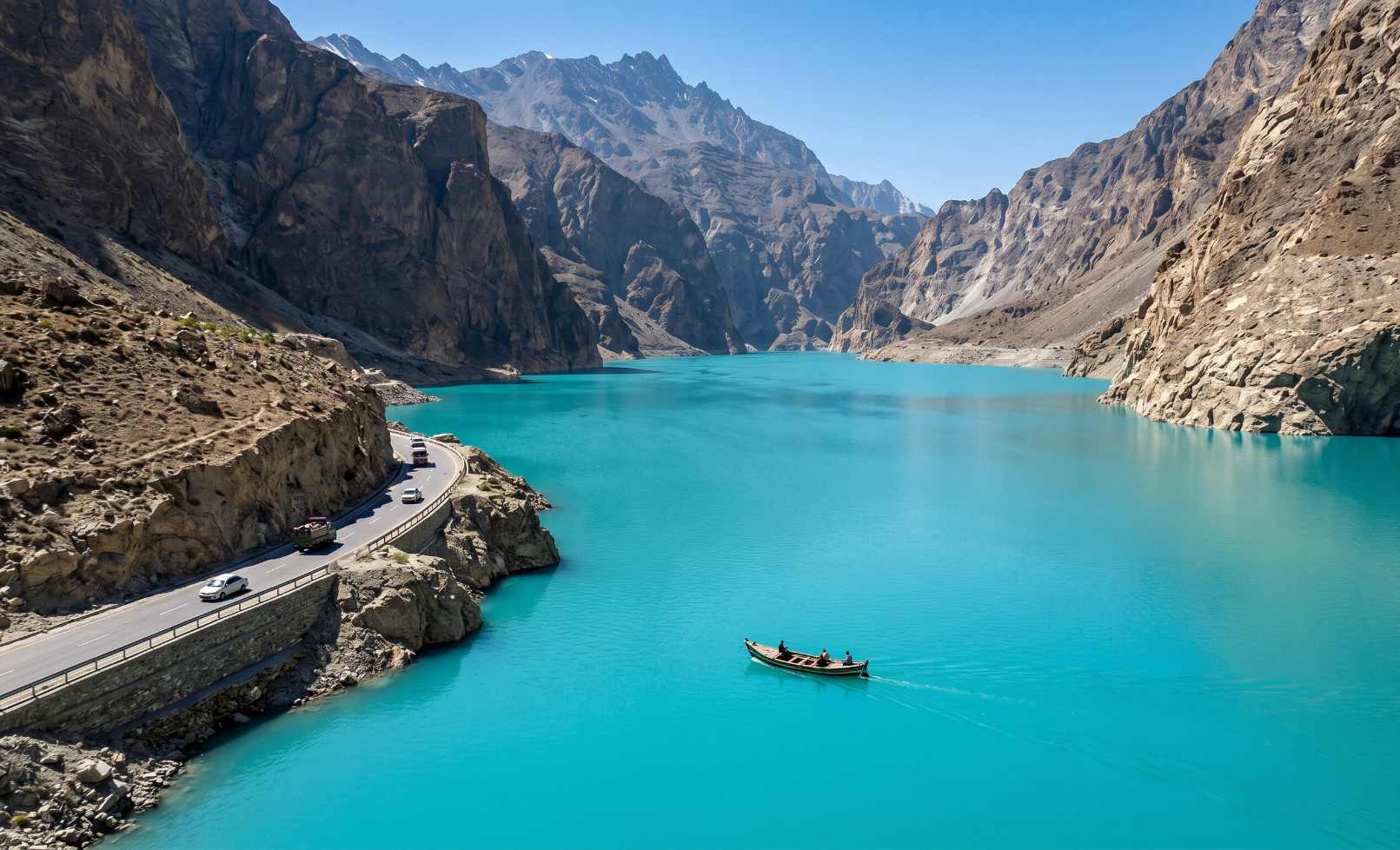 Attabad Lake Hunza Pakistan with vivid turquoise water surrounded by barren canyon walls and the Karakoram Highway visible on the shore