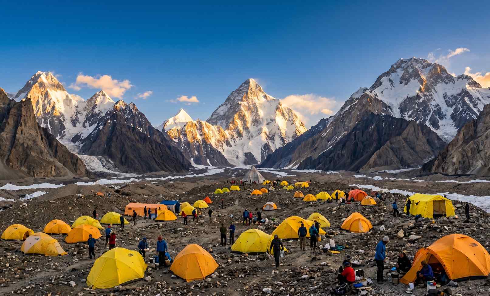 Concordia campsite at K2 Base Camp in summer with four eight-thousanders visible including K2 and Broad Peak