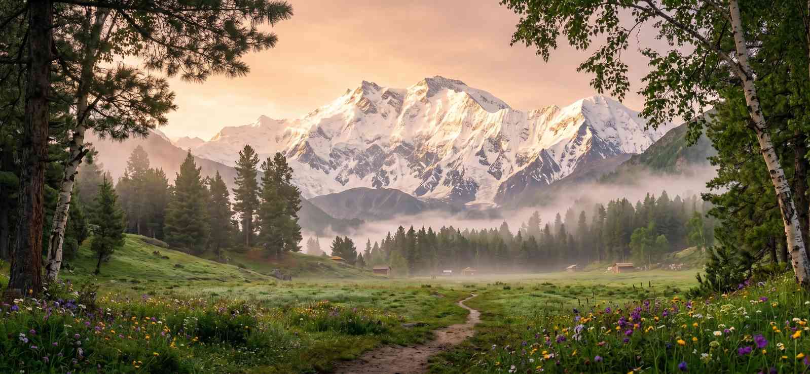 Fairy Meadows at dawn with Nanga Parbat rising dramatically behind green meadows and pine forests
