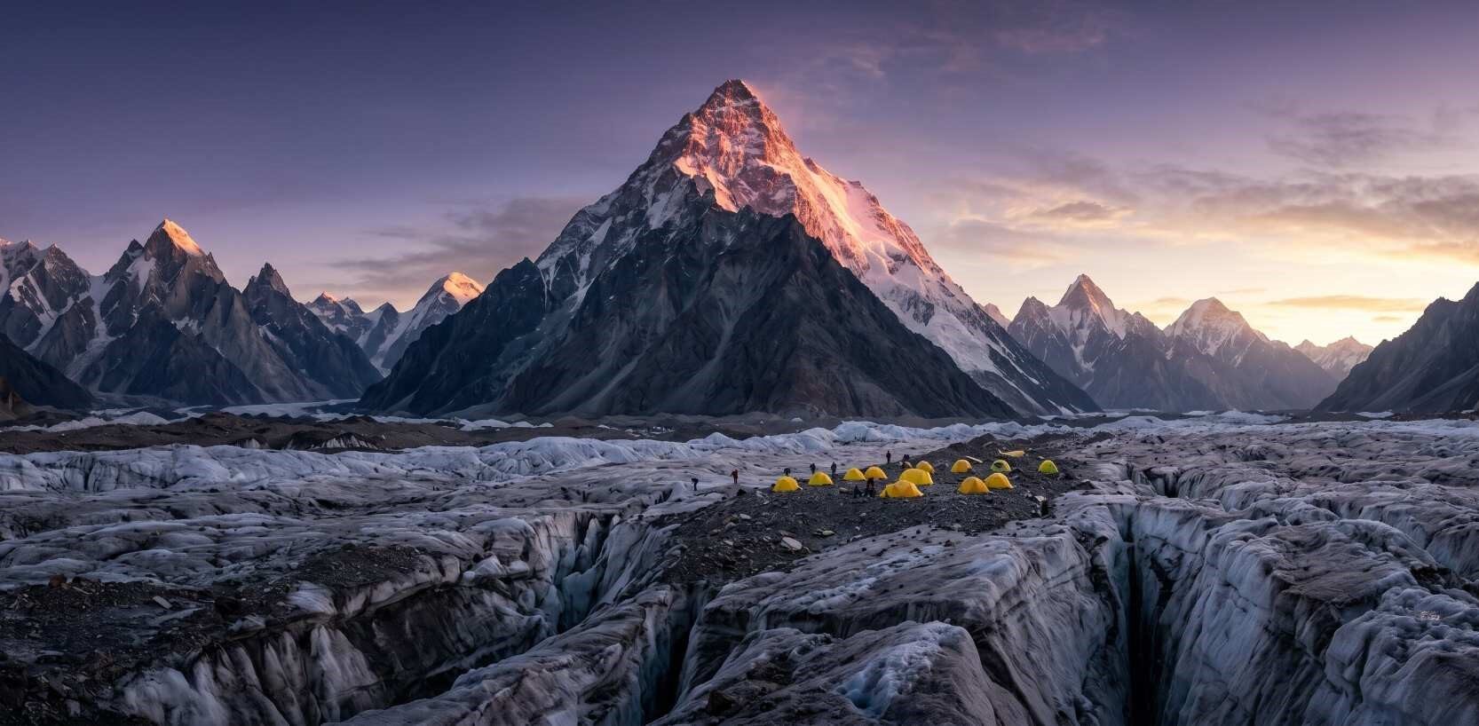 K2 the world's second highest mountain rising above the Baltoro Glacier in Pakistan's Karakoram range at sunrise