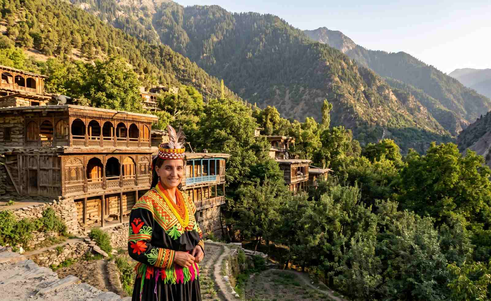 Kalash Valley in Chitral Pakistan with traditional wooden houses, walnut trees and the Hindu Kush mountains rising behind
