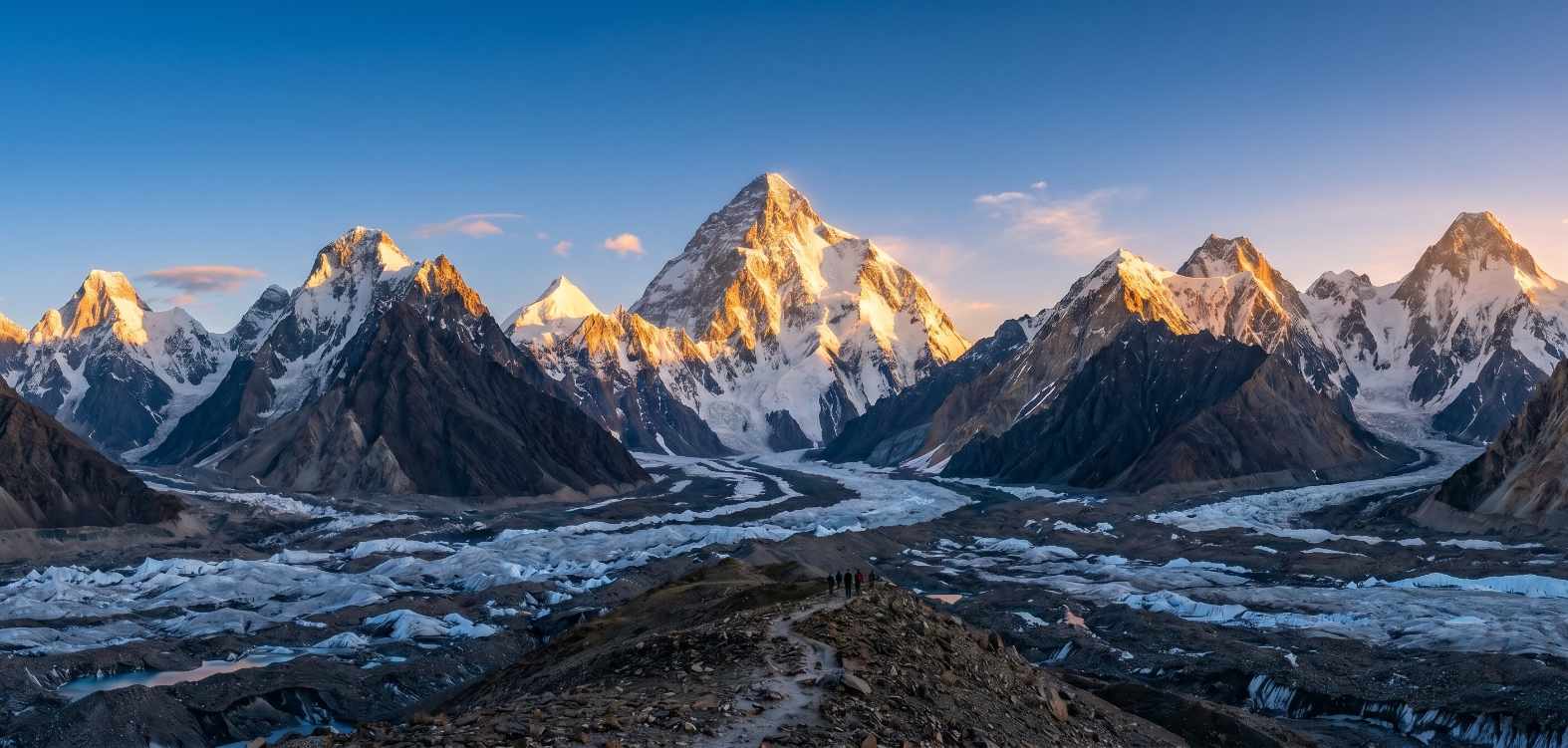 Panoramic view of the Karakoram mountain range in northern Pakistan with glaciers and dramatic peaks