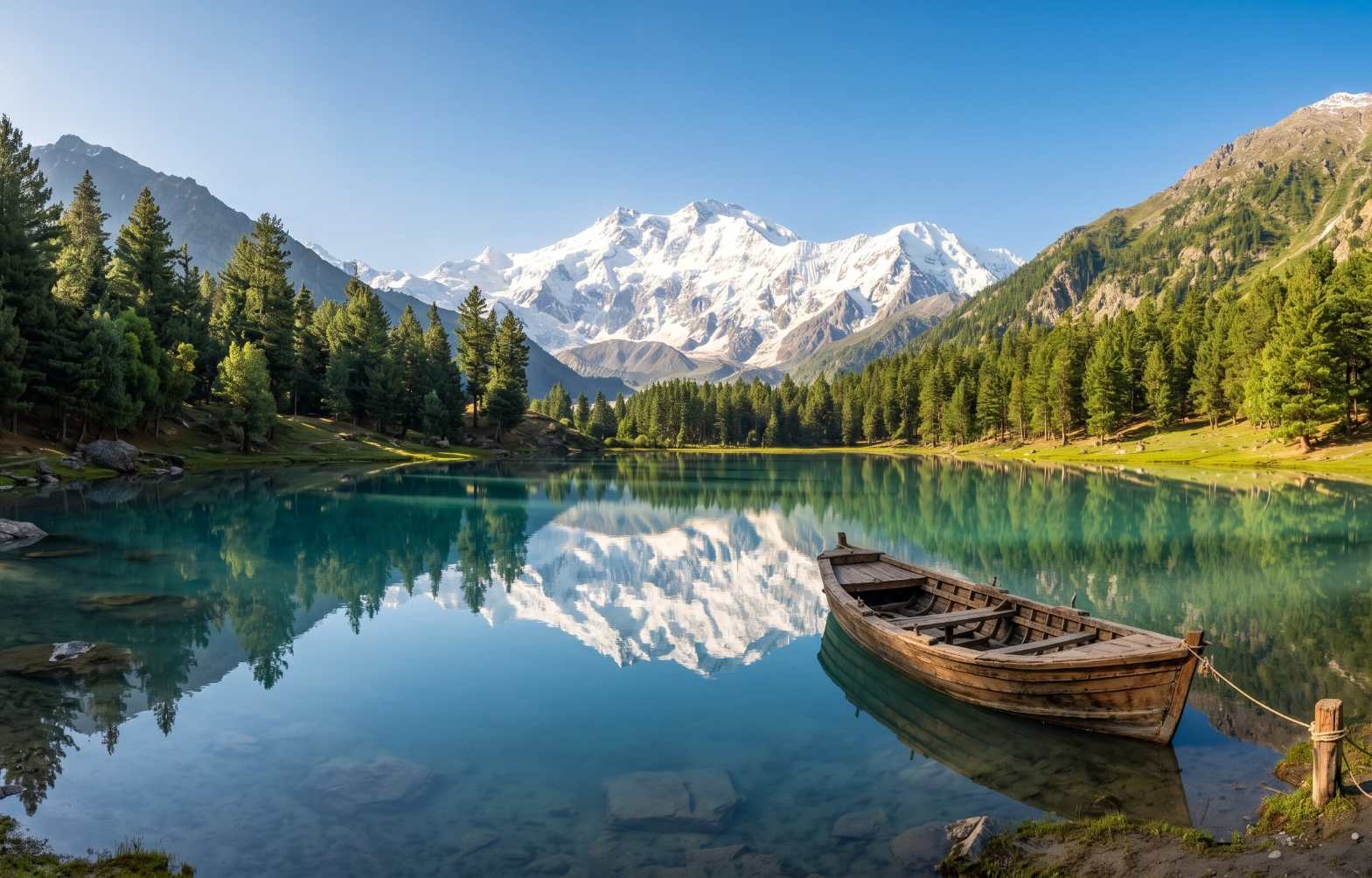 Mahodand Lake in Swat Valley Pakistan with crystal clear turquoise water reflecting surrounding mountains and pine forest