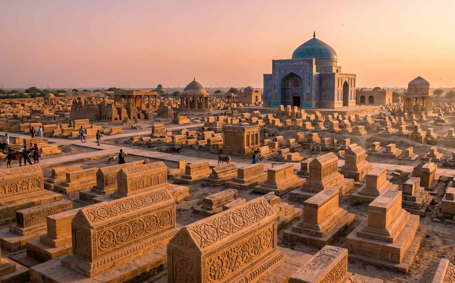 Makli Necropolis near Thatta Sindh Pakistan with thousands of elaborately carved stone tombs stretching across the plateau at sunset