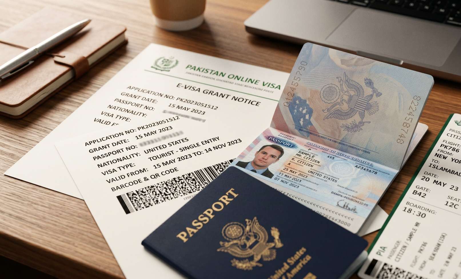 Close up of Pakistan visa grant notice printed document beside US passport ready for travel to Islamabad