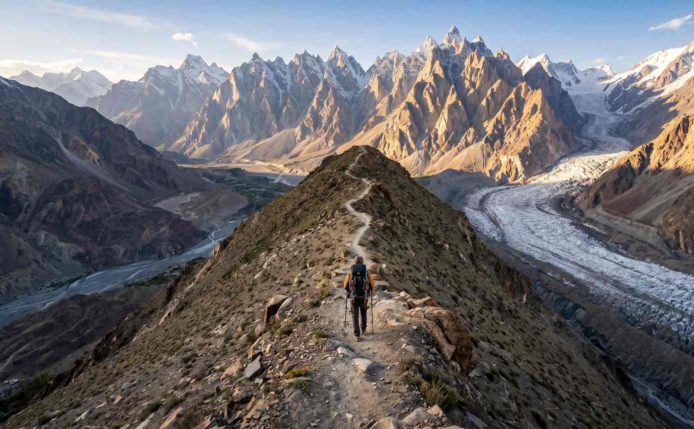 Patundas Ridge in Gojal Hunza Pakistan with sweeping views of the Karakoram and Passu Cones