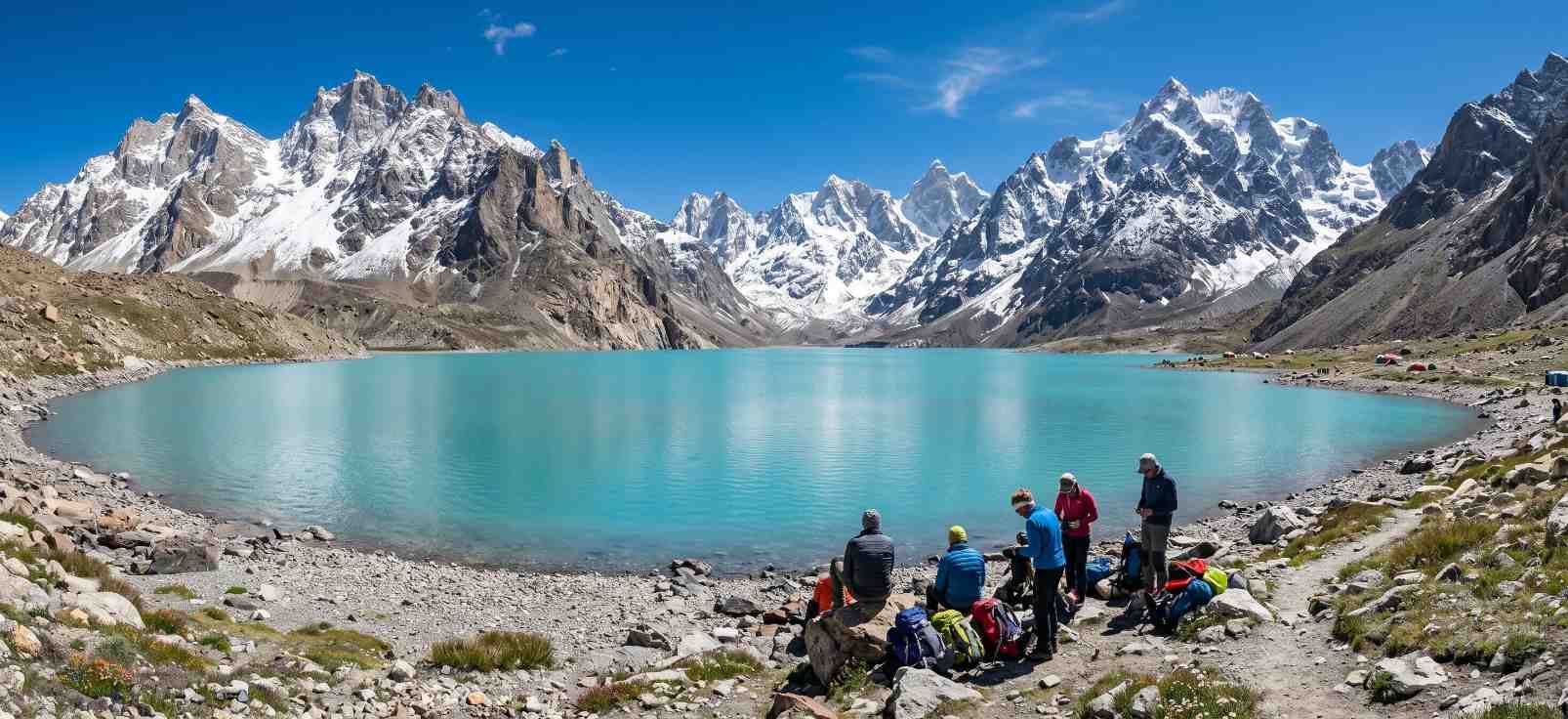 Rush Lake high altitude turquoise lake in Nagar Valley Pakistan with surrounding peaks reflected in water
