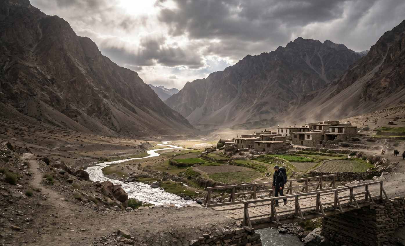 Shimshal Valley high mountain pass in Pakistan with ancient pasture lands and remote peaks