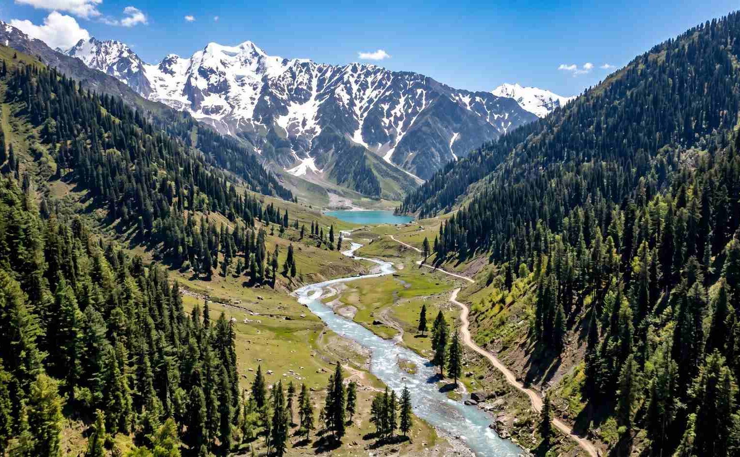 Saral Lake in Neelum Valley Azad Kashmir Pakistan seen from Noori Top high pass with deep blue glacial water in a mountain bowl