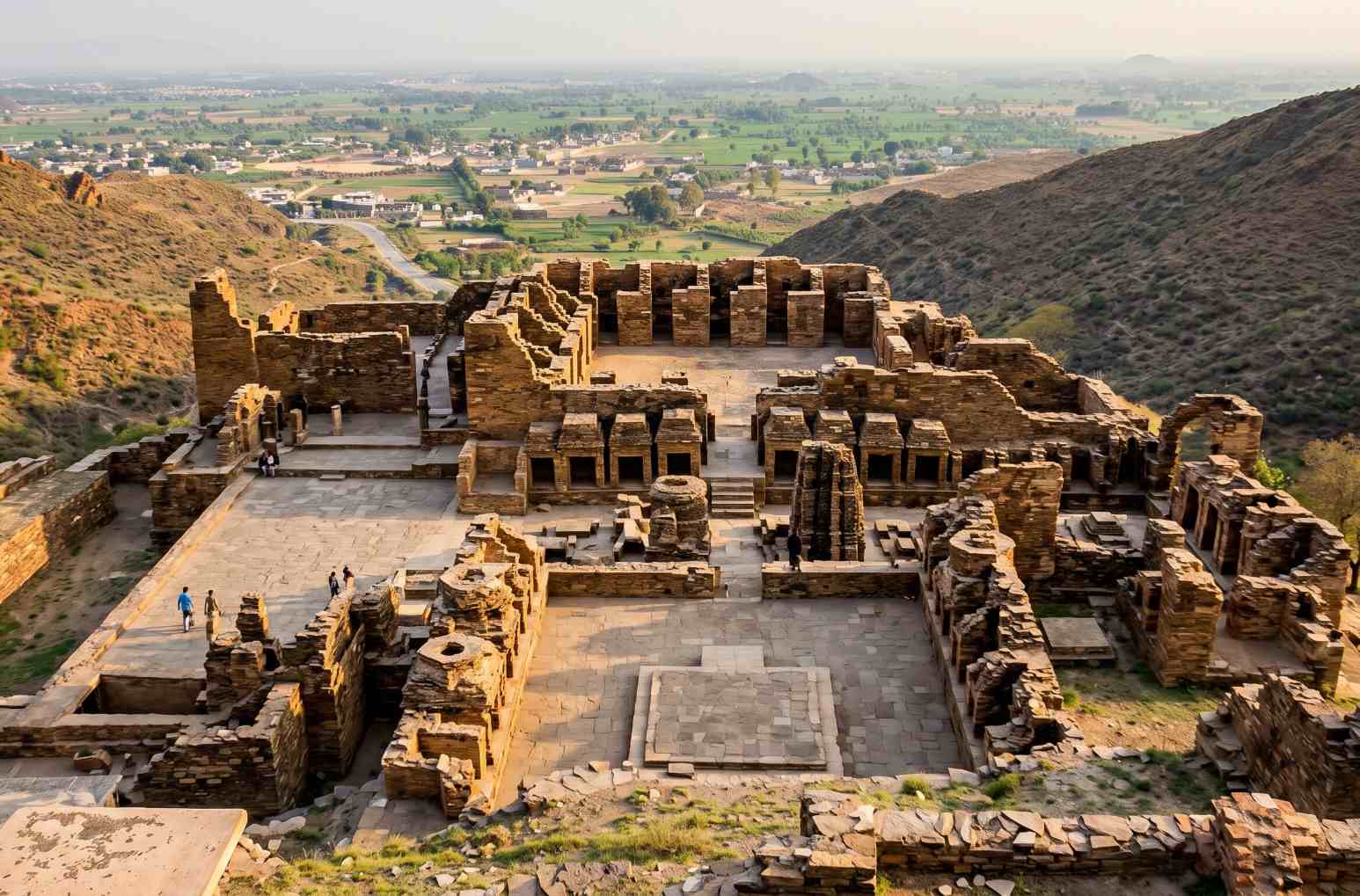 Takht-i-Bahi Buddhist monastery ruins in KPK Pakistan perched on a ridge with tall votive stupas and monks cells overlooking the Mardan plains