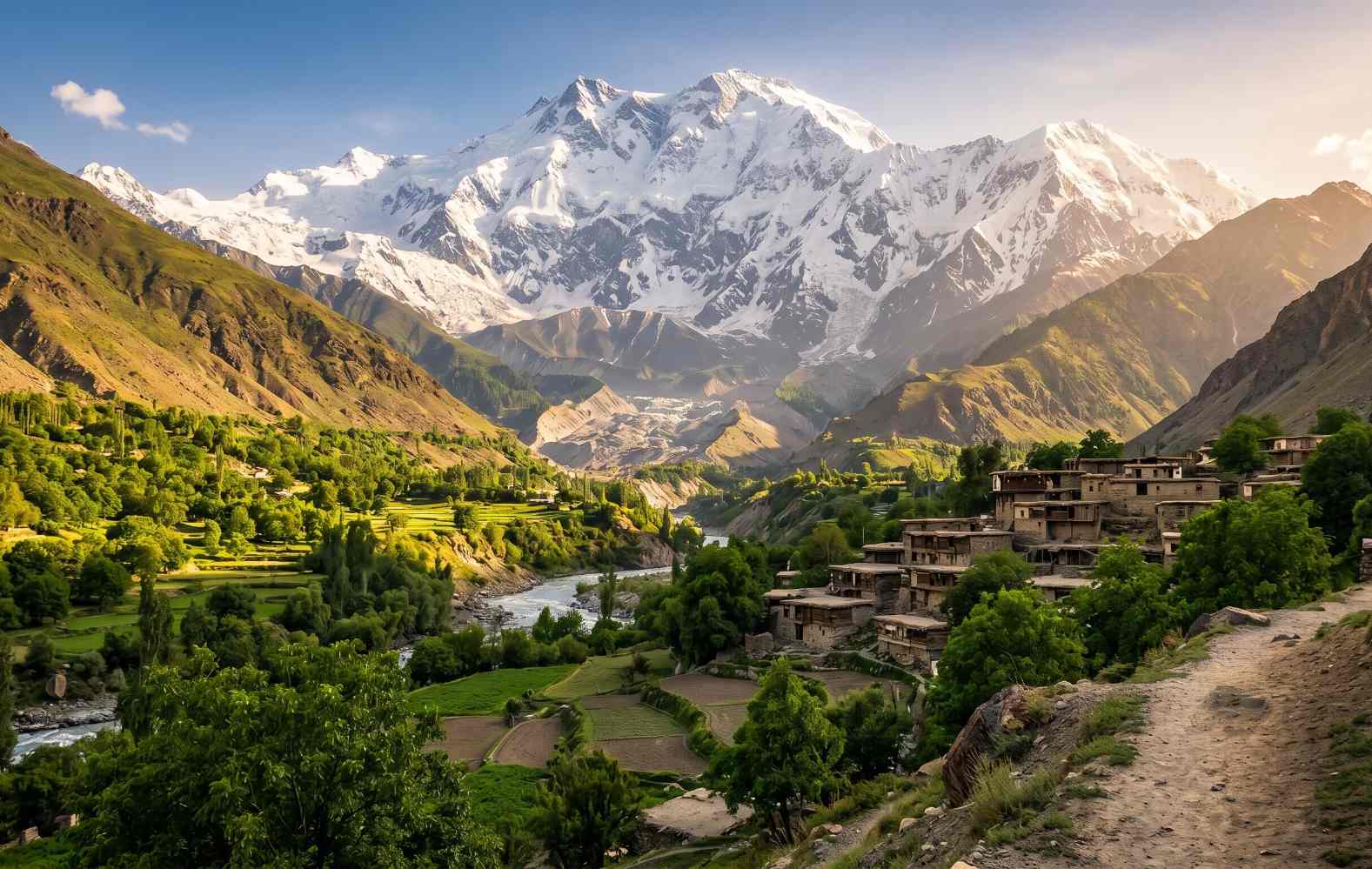 Tirich Mir the highest peak in the Hindu Kush at 7708m seen above the green Chitral valley in Khyber Pakhtunkhwa Pakistan