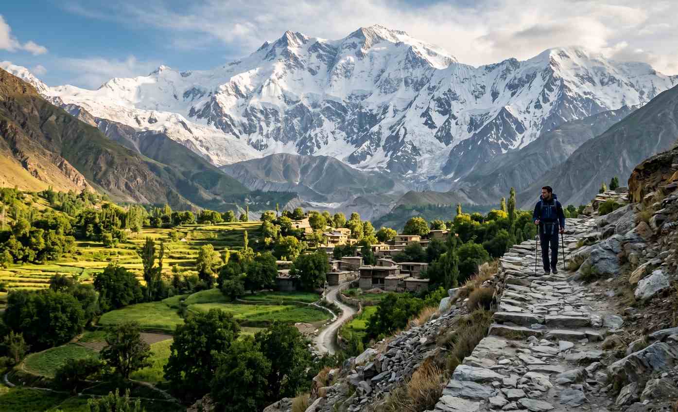 Tirich Mir in Chitral Pakistan Hindu Kush highest peak seen from trail with green valleys below