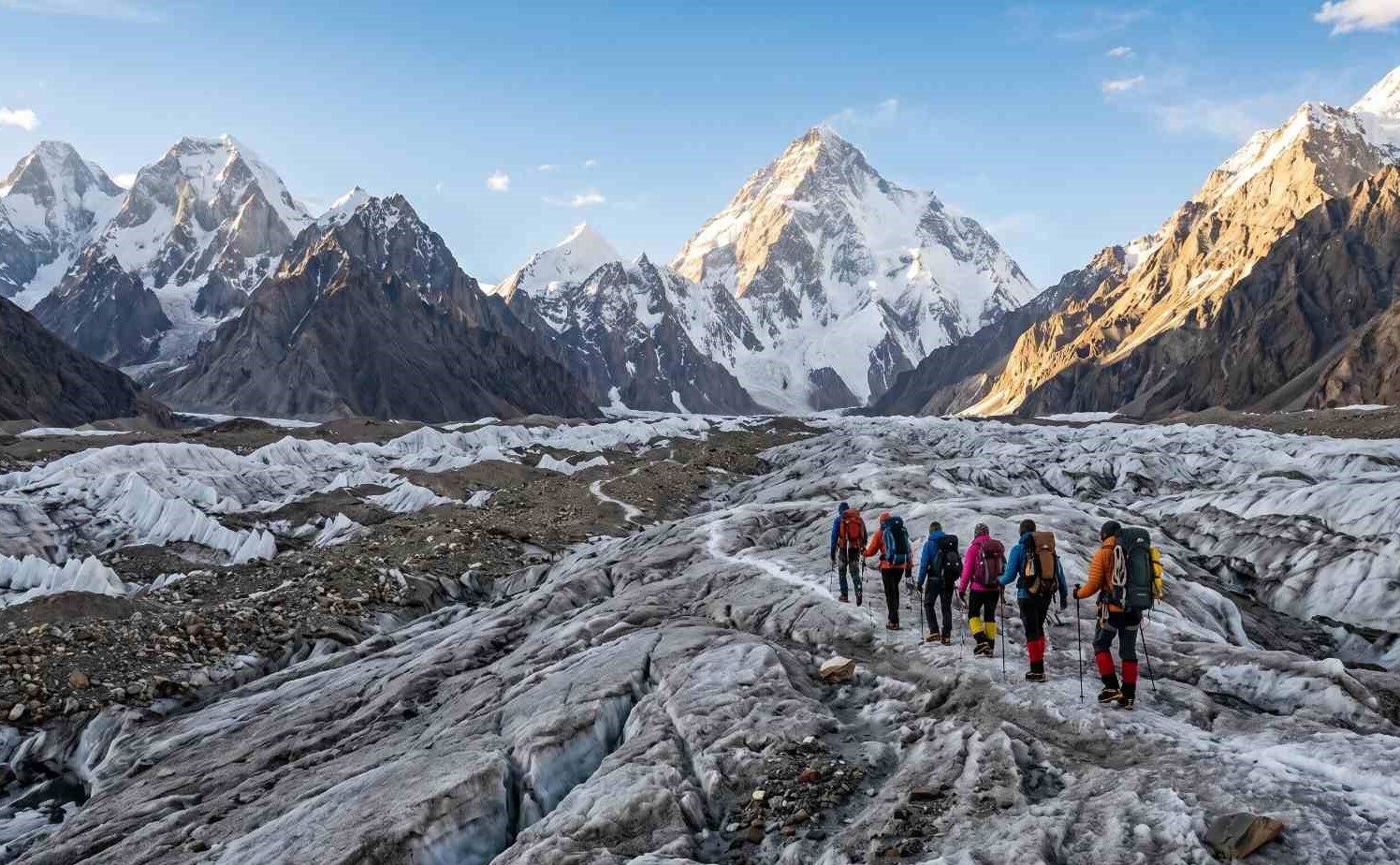 Trekking group crossing the Baltoro Glacier in Pakistan with the Karakoram peaks including K2 visible in the background