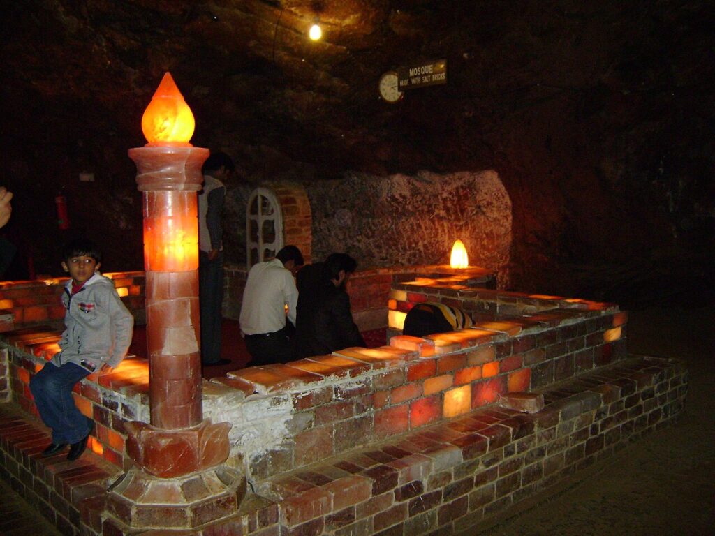 Mosque built from illuminated salt bricks inside Khewra Salt Mine, Punjab