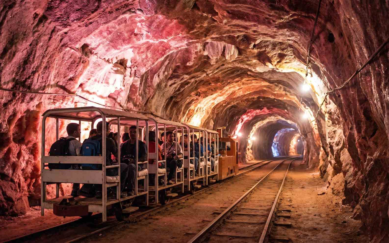 The Khewra Salt Mine railway train carrying visitors through the illuminated pink salt tunnel inside the mountain in Pakistan