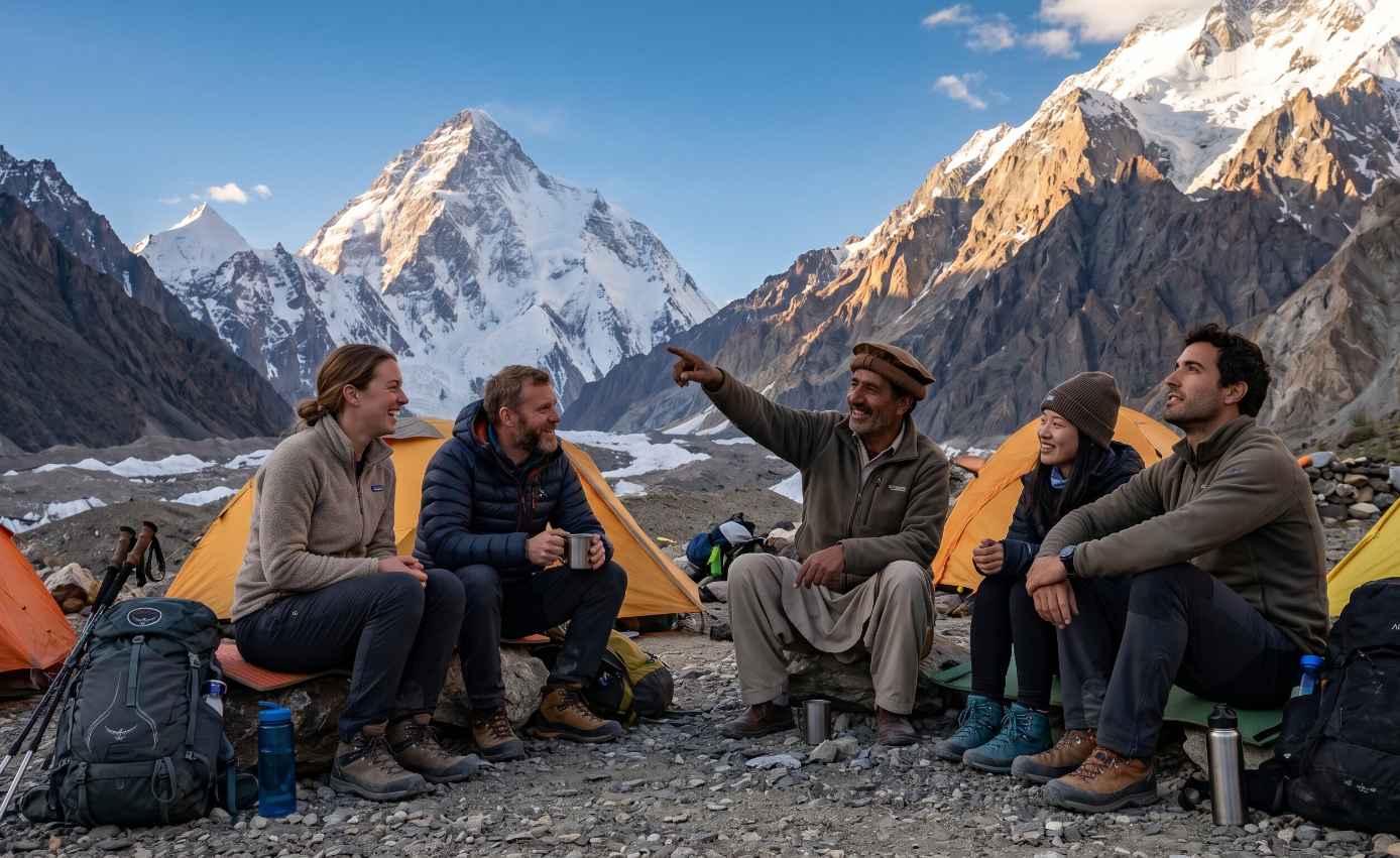 Group of international trekkers with local Pakistani guides resting at a high mountain camp in Karakoram