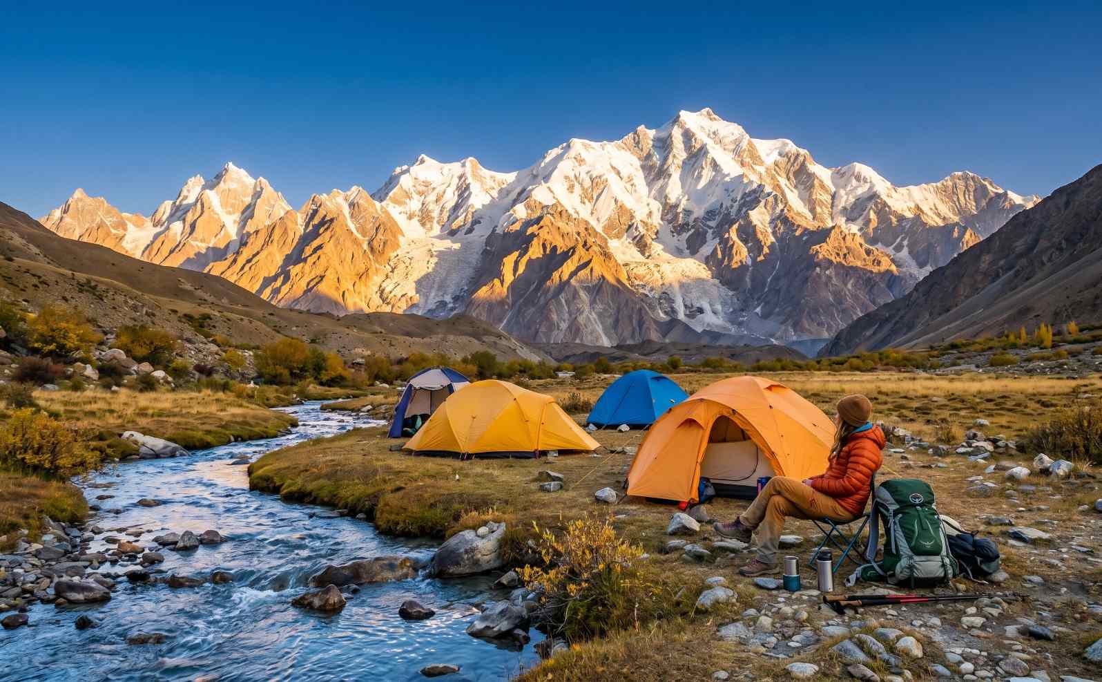 Trekking camp in Pakistan in September with clear skies autumn light and mountain reflections in a glacial stream