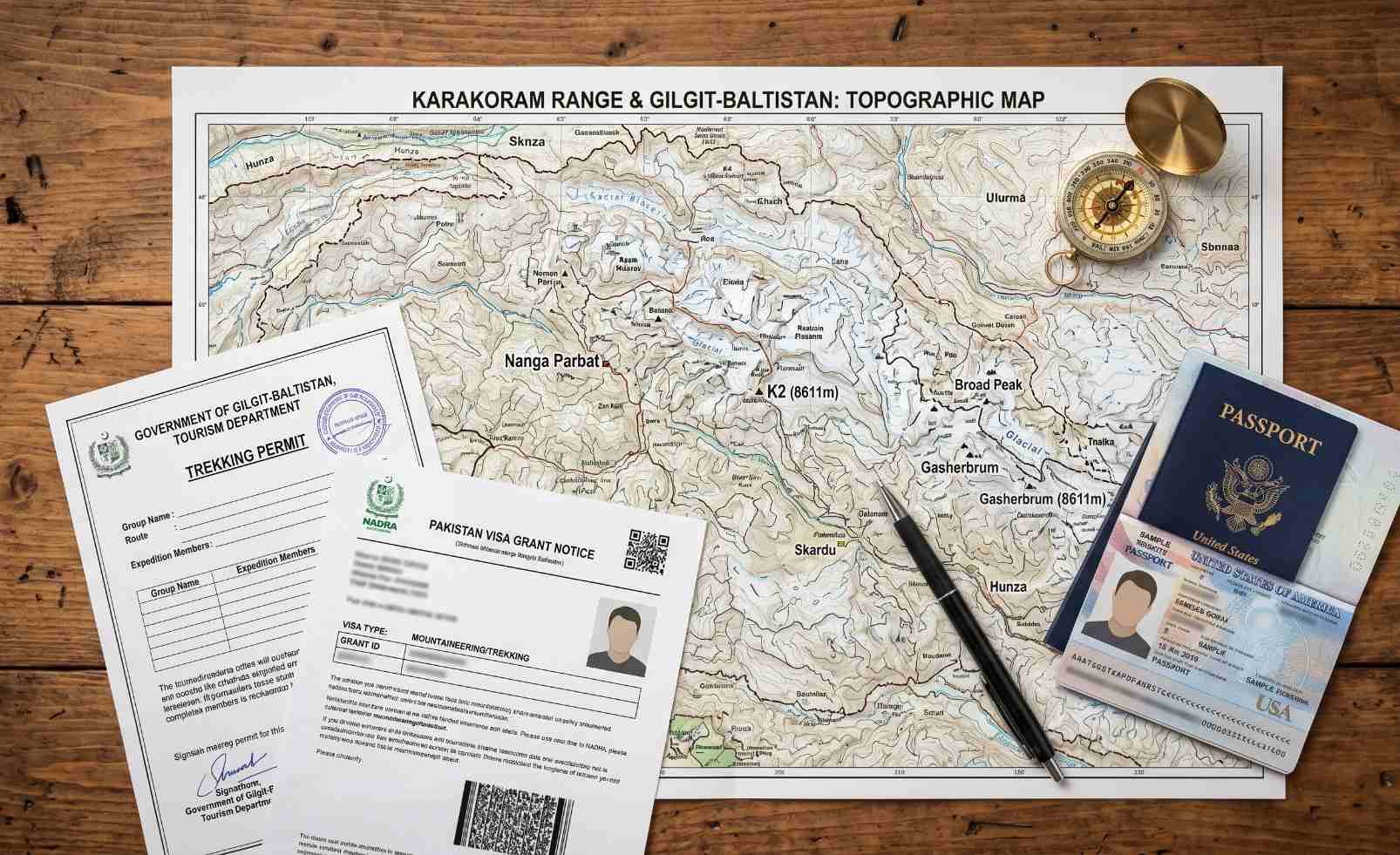Trekking permits and expedition documents spread on a map of northern Pakistan with K2 and Karakoram mountains visible