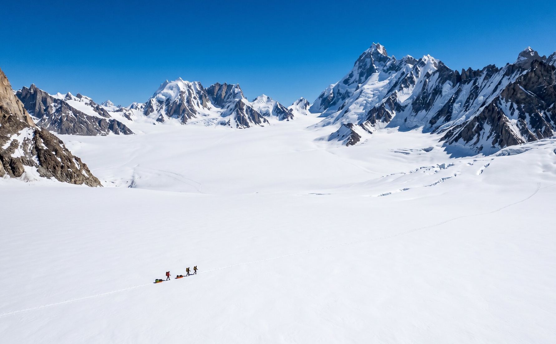 The Biafo Glacier and Snow Lake in Pakistan's Karakoram with vast white ice field and surrounding peaks