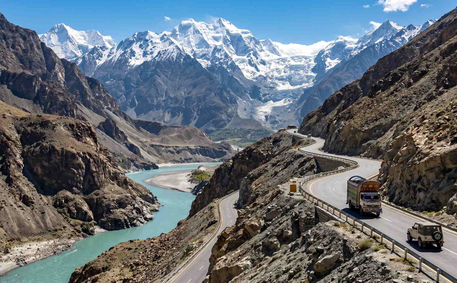 The Karakoram Highway cutting through the dramatic Hunza gorge with the Hunza River below and sheer Karakoram mountain walls rising on both sides