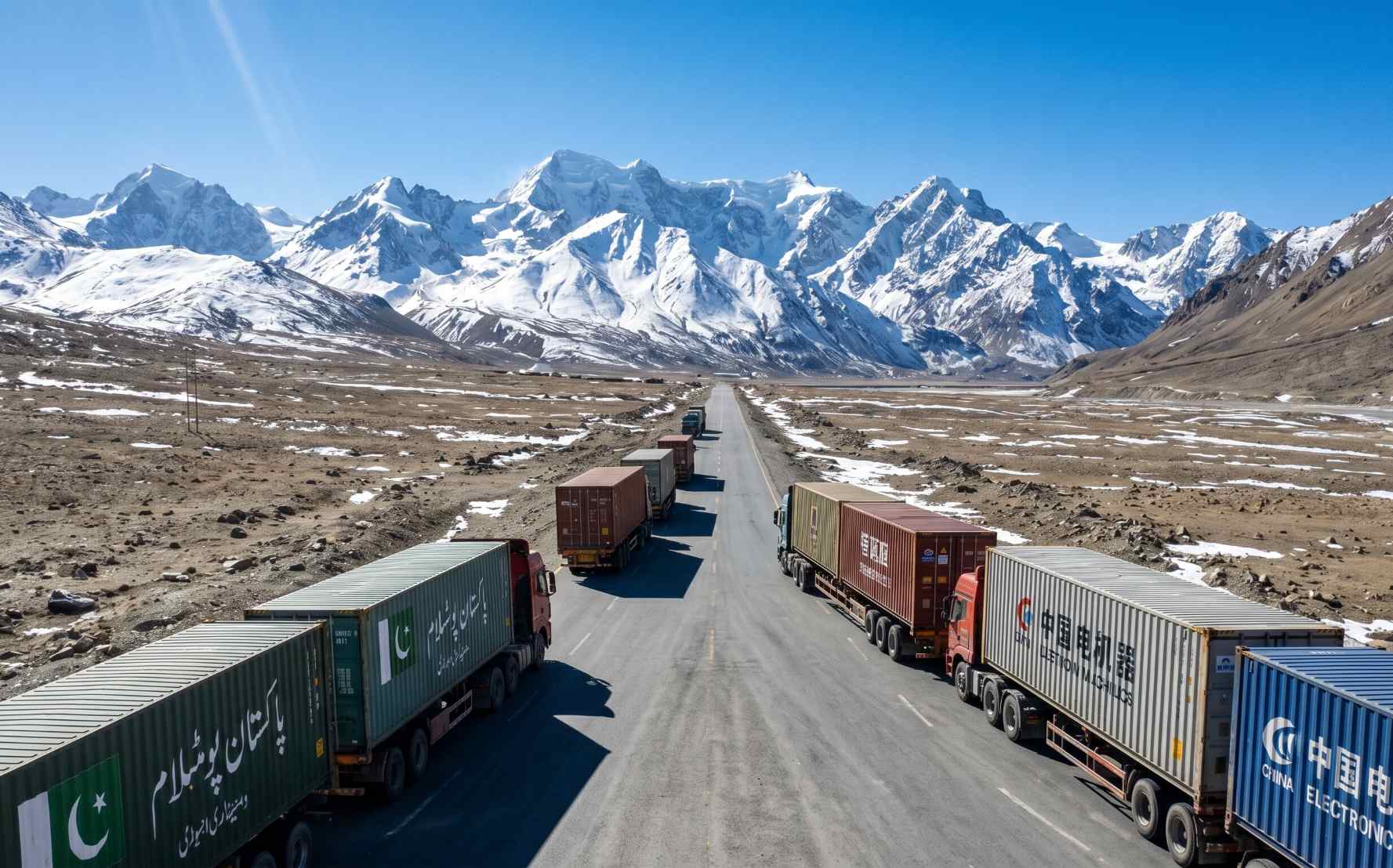 A convoy of CPEC trade trucks on the Karakoram Highway heading toward the Khunjerab Pass under snowy Karakoram peaks in winter