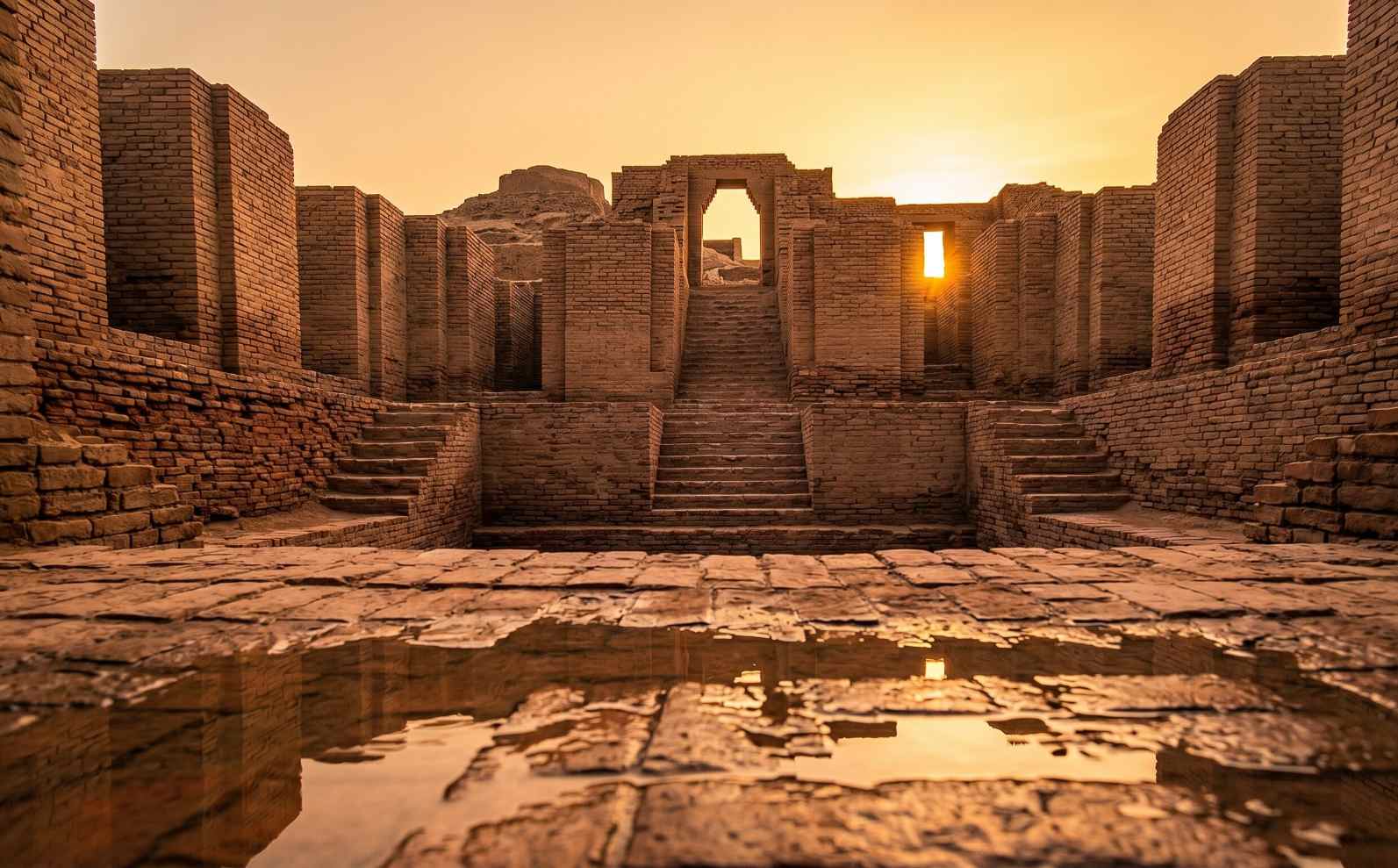 The Great Bath of Mohenjo-daro in Sindh Pakistan, one of the world's earliest urban monuments, photographed at sunset