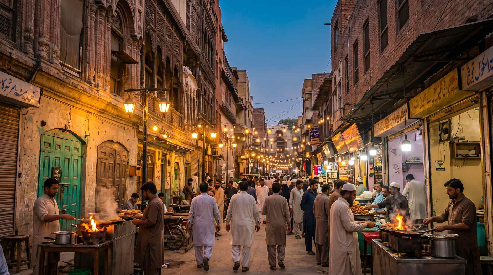 The walled city of Peshawar Pakistan with Qissa Khwani Bazaar and traditional architecture at dusk