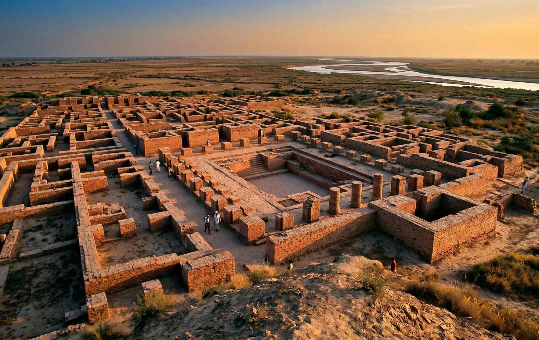 The ruins of Mohenjo-daro on the banks of the Indus River in Sindh Pakistan with the Great Bath and ancient brick streets visible
