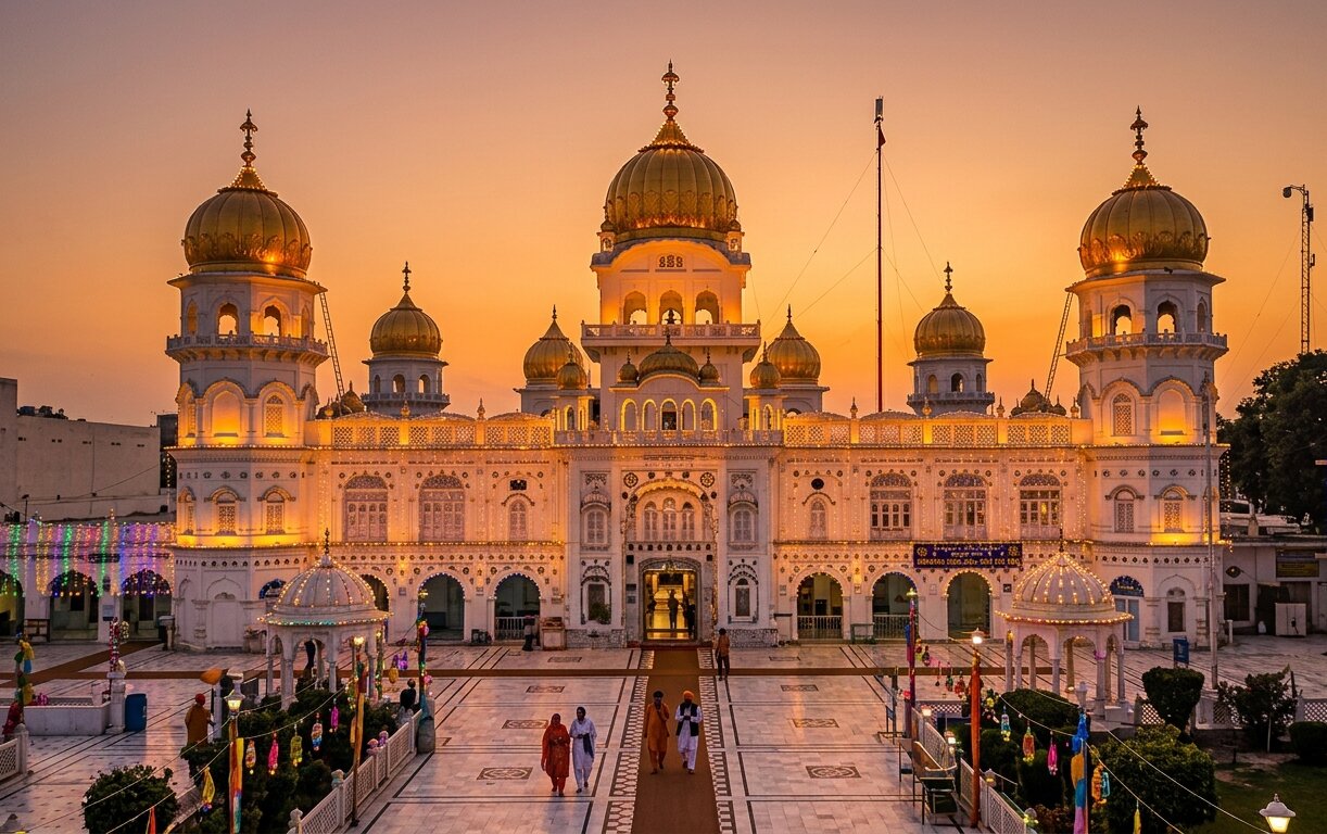 Gurdwara Janam Asthan Nankana Sahib Pakistan the birthplace of Guru Nanak at golden hour with the white and gold domes illuminated