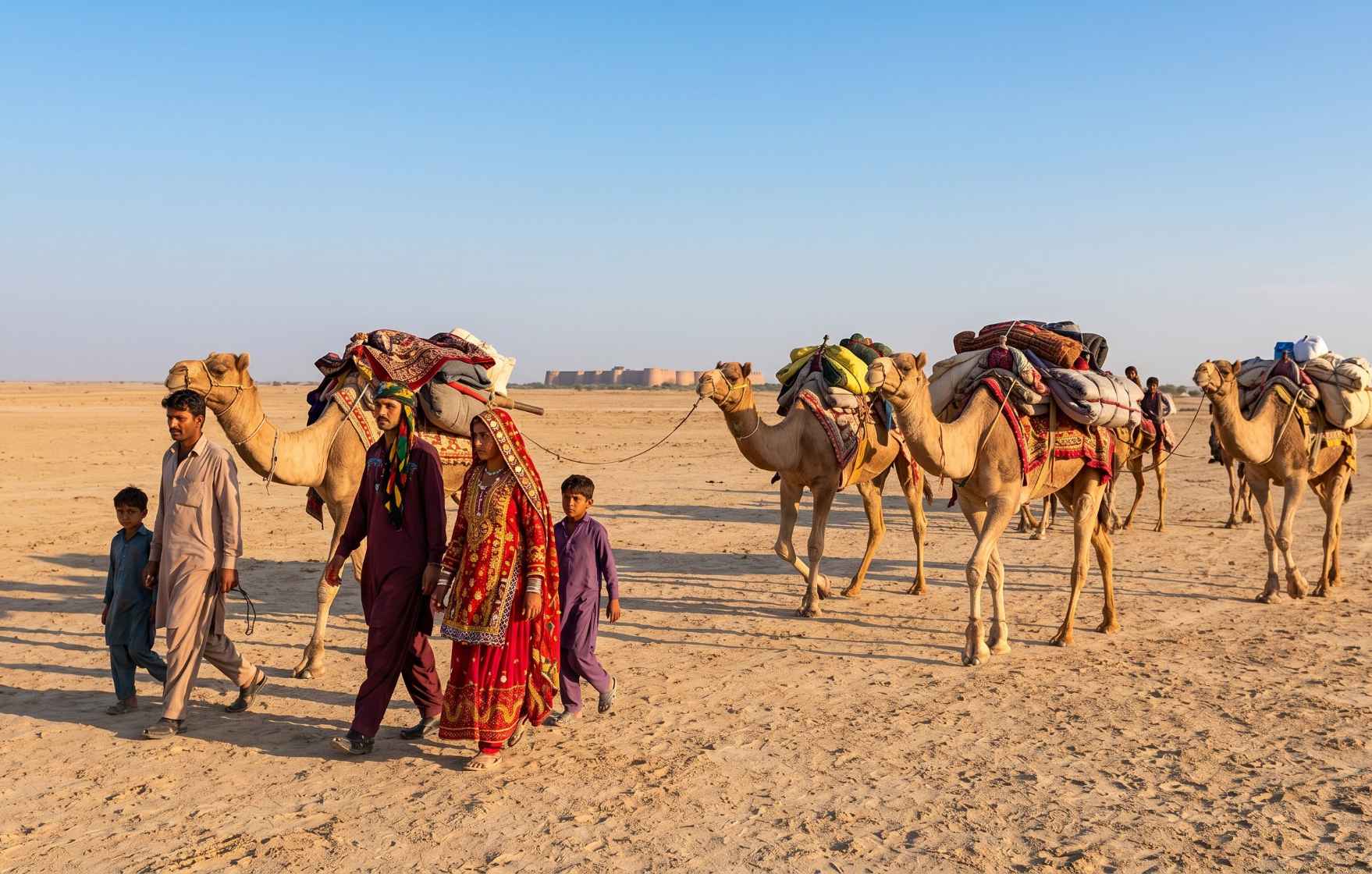 Semi-nomadic Cholistan community in traditional dress with a camel caravan crossing the sandy desert plains of southern Punjab Pakistan