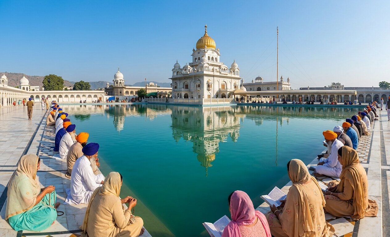 The sacred sarovar pool at Gurdwara Panja Sahib Hasan Abdal Pakistan with the white gurdwara reflected in the perfectly still water