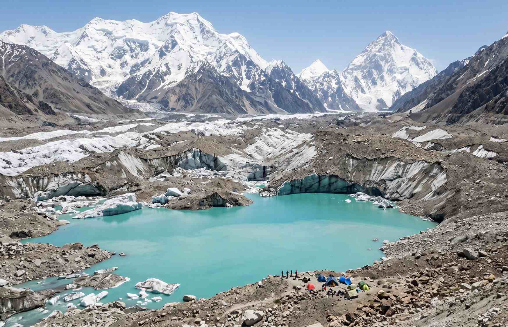 A glacial lake formed at the snout of a retreating glacier in northern Pakistan surrounded by moraine debris and mountains