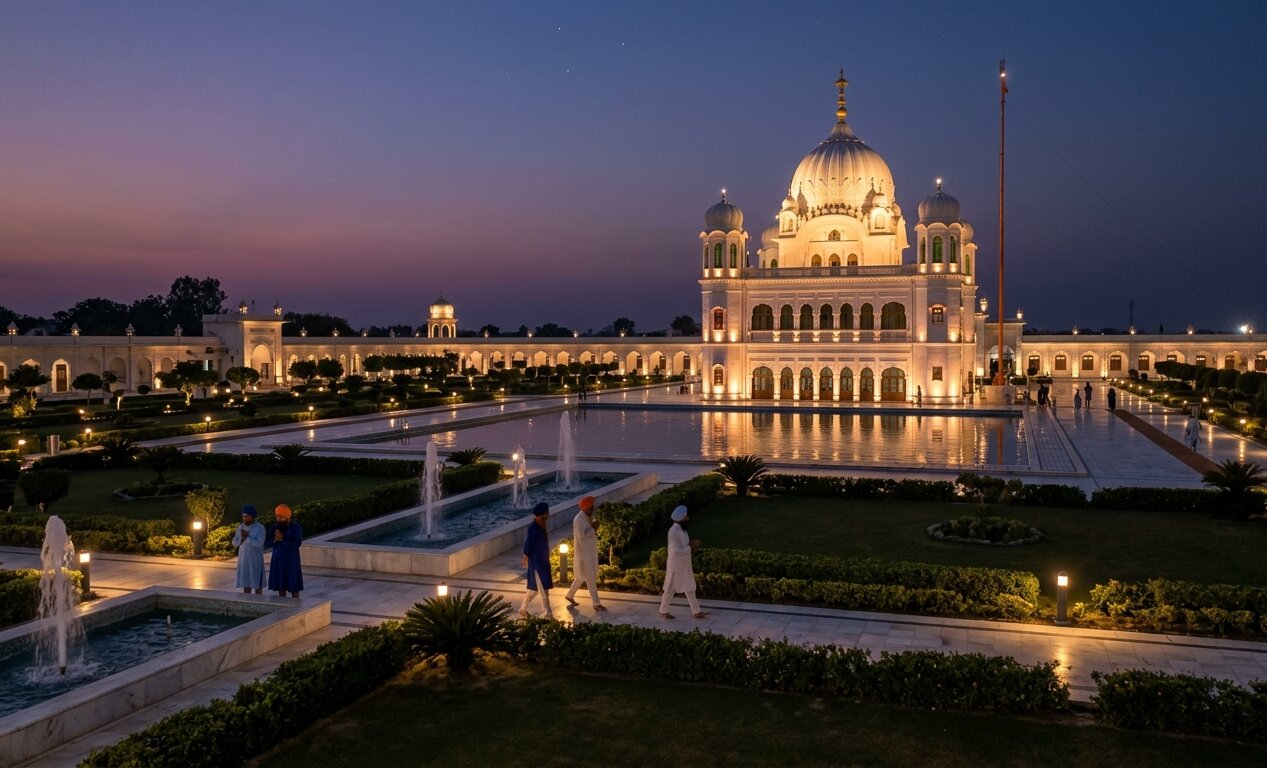 Gurdwara Darbar Sahib Kartarpur Pakistan the site of Guru Nanak's final resting place with the magnificent restored complex and gardens at dusk