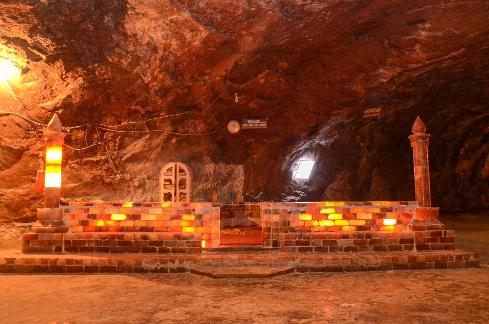 Illuminated salt-brick mosque inside Khewra Salt Mine in Punjab